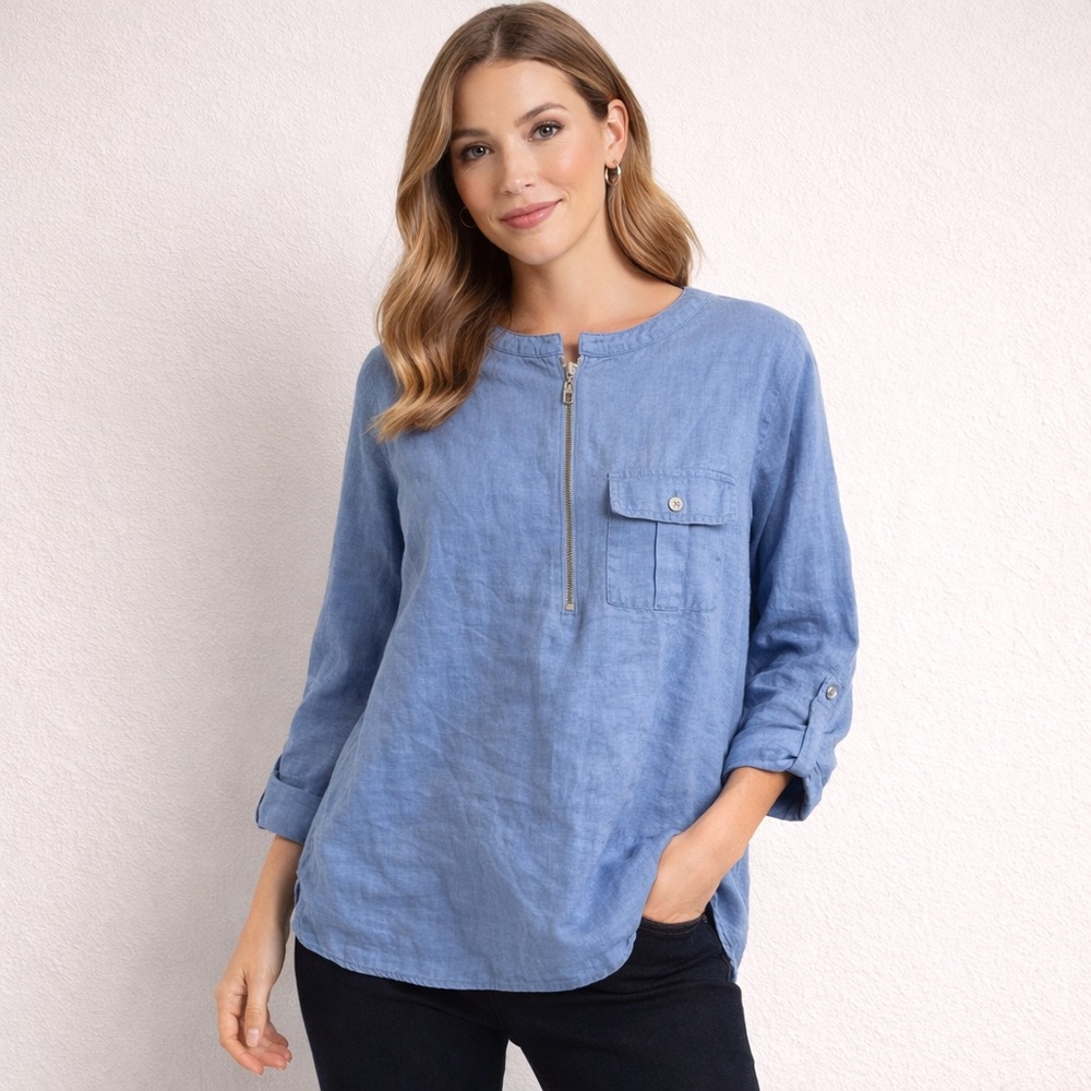 Jones & Co Linen Blue Half Zip Top Small Natural Beach Relaxed Boho Soft Light
